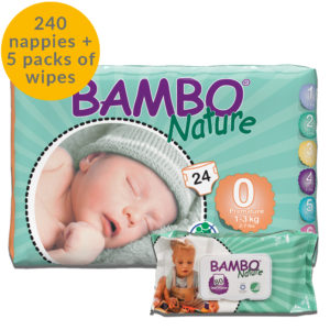 240 Bambo Nature size 0 nappies and 5 packs of eco wipes month