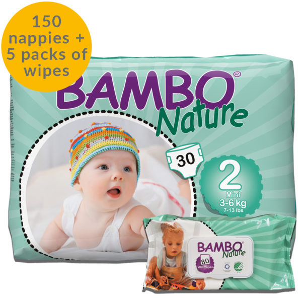 150 Bambo Nature size 2 nappies and 5 packs of eco wipes month
