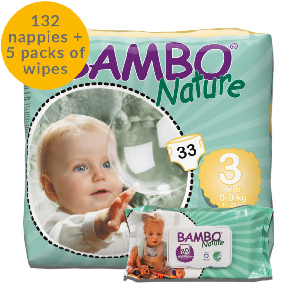 Bambo nature size 3 nappies and wipes month bundle