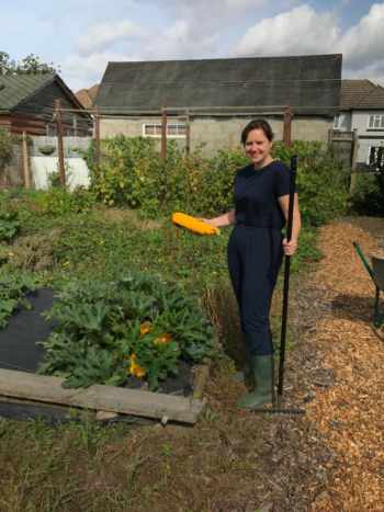 the green grandma gardening in her allotment 