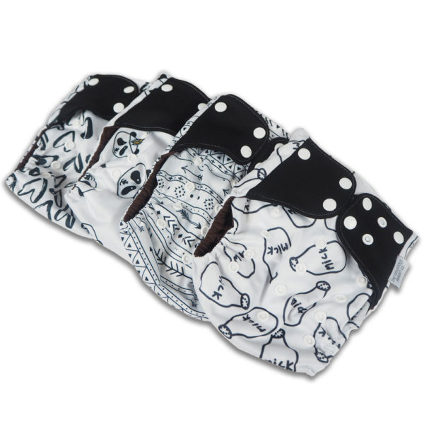 Set of 4 black and white reusable nappies