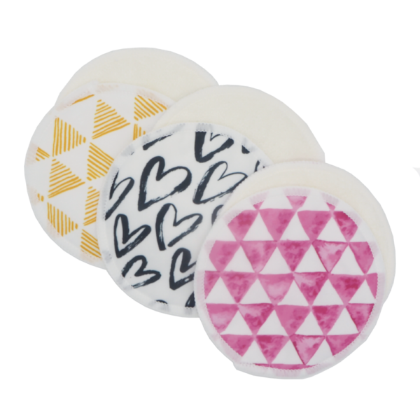 Set of 3 bamboo terry reusable breast pads in heart geo print